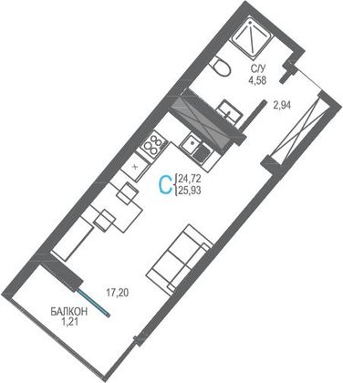 Продажа 1-комнатной квартиры 25,9 м², 9/16 этаж