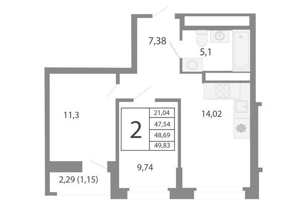 48,7 м², 2-комн. квартира, 22/26 этаж