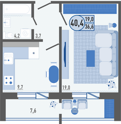 40,8 м², 1-комн. квартира, 7/16 этаж