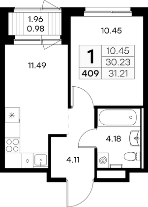 31,2 м², 1-комн. квартира, 1/9 этаж