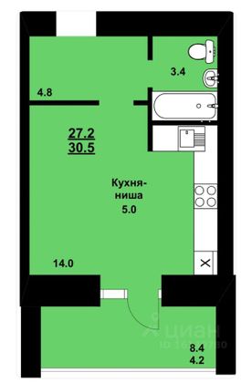 Продажа квартиры-студии 30,7 м², 6/10 этаж