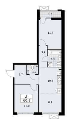 60,3 м², 3-комн. квартира, 2/18 этаж