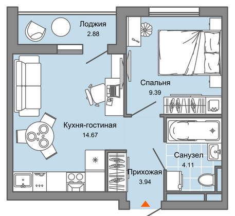 34 м², 2-комн. квартира, 9/9 этаж