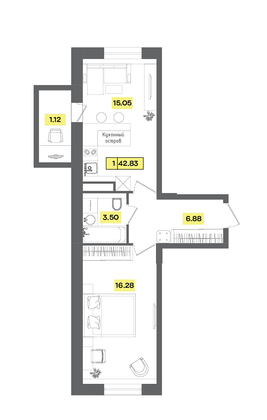 42,8 м², 2-комн. квартира, 2 этаж