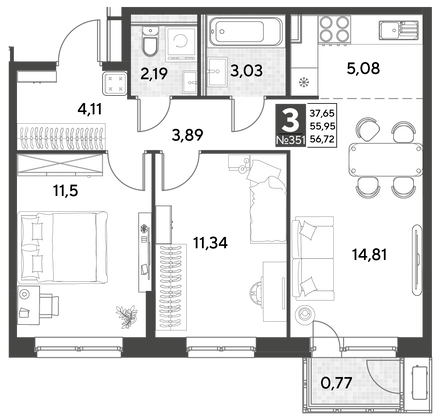 Продажа 3-комнатной квартиры 56,7 м², 21/25 этаж