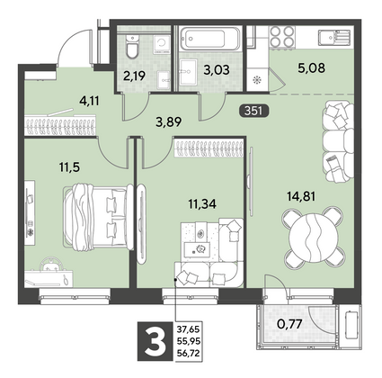 Продажа 3-комнатной квартиры 56,7 м², 21/25 этаж