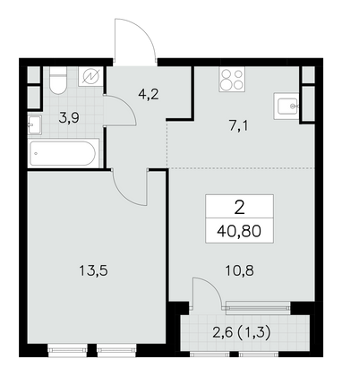 40,8 м², своб. планировка, 17/30 этаж