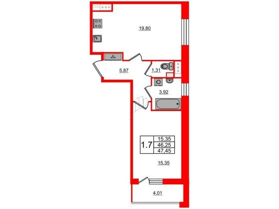 Продажа 1-комнатной квартиры 46,3 м², 9/12 этаж