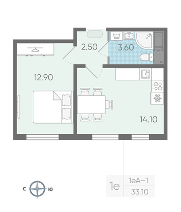 Продажа 1-комнатной квартиры 33,1 м², 11/16 этаж