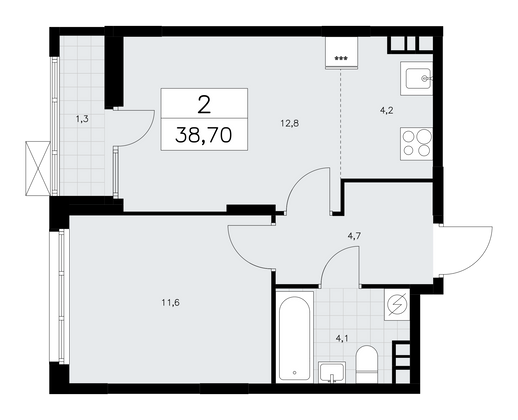 38,7 м², своб. планировка, 4/10 этаж