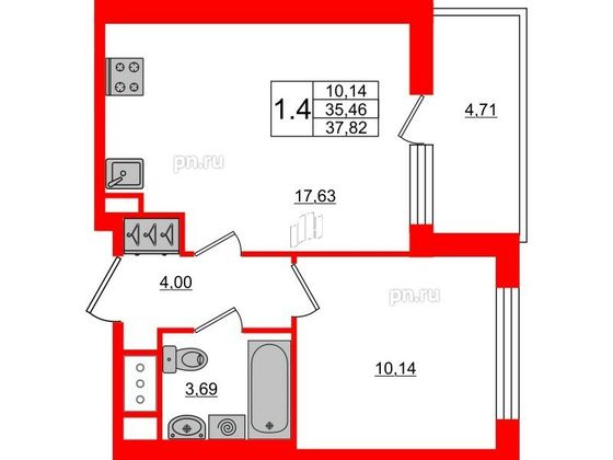 Продажа 1-комнатной квартиры 35,5 м², 2/14 этаж