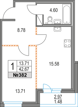 42,7 м², 1-комн. квартира, 3/16 этаж