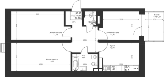 Продажа 3-комнатной квартиры 79 м², 4/4 этаж