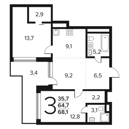 Продажа 3-комнатной квартиры 68,1 м², 1/12 этаж