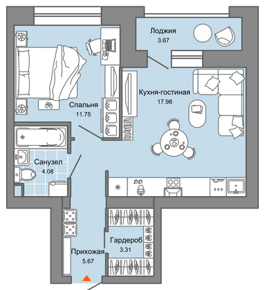 45 м², 2-комн. квартира, 8/9 этаж