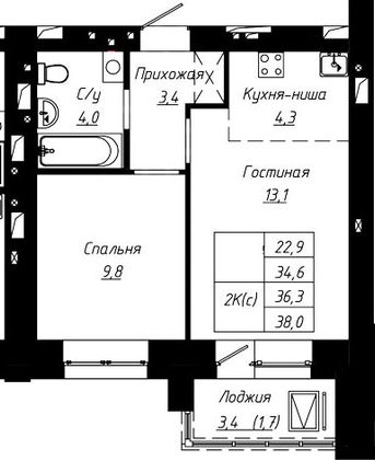 Продажа 2-комнатной квартиры 36,3 м², 14/16 этаж