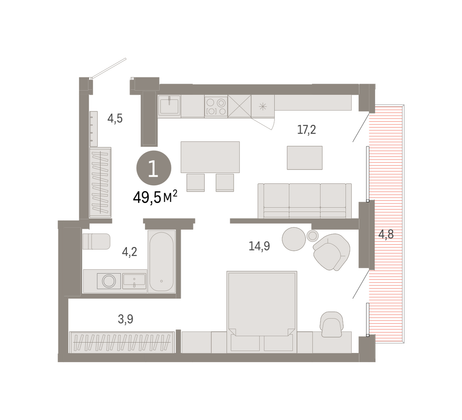 49,5 м², 1-комн. квартира, 6/9 этаж