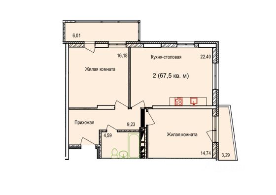 Продажа 2-комнатной квартиры 67,5 м², 10/18 этаж