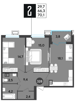 70,1 м², 2-комн. квартира, 5/9 этаж