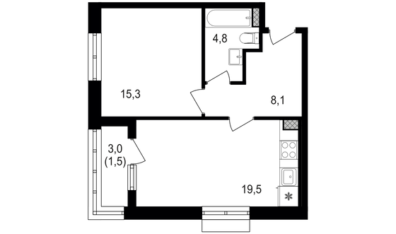 49,2 м², 1-комн. квартира, 6/18 этаж