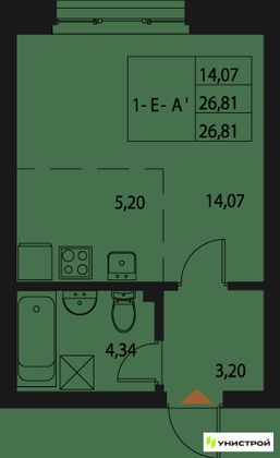 26,8 м², 1-комн. квартира, 6/20 этаж