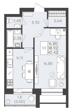 40,4 м², 1-комн. квартира, 5/5 этаж