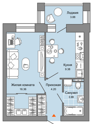 36 м², 1-комн. квартира, 6/8 этаж