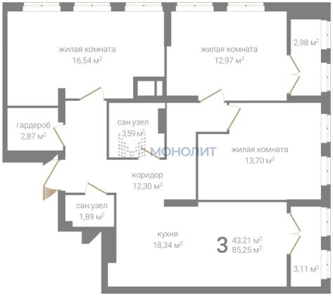 Продажа 3-комнатной квартиры 85 м², 20/21 этаж