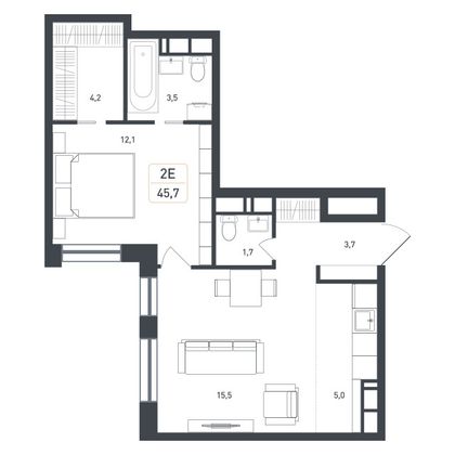 45,7 м², 2-комн. квартира, 2/8 этаж