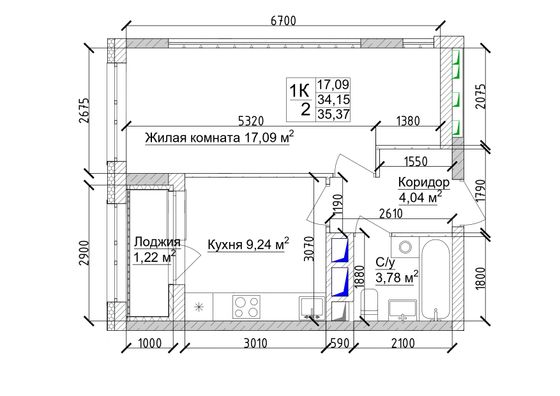 Продажа 1-комнатной квартиры 36,1 м², 2/15 этаж