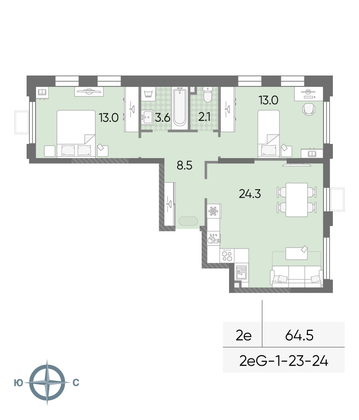 64,5 м², 2-комн. квартира, 24/24 этаж