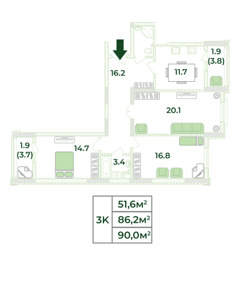 90 м², 3-комн. квартира, 17/18 этаж