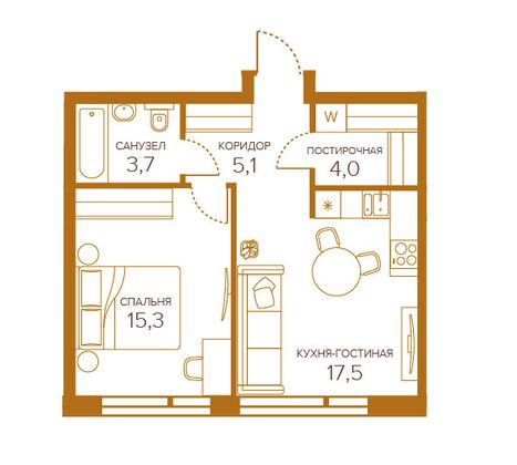 45,3 м², 1-комн. квартира, 7/8 этаж