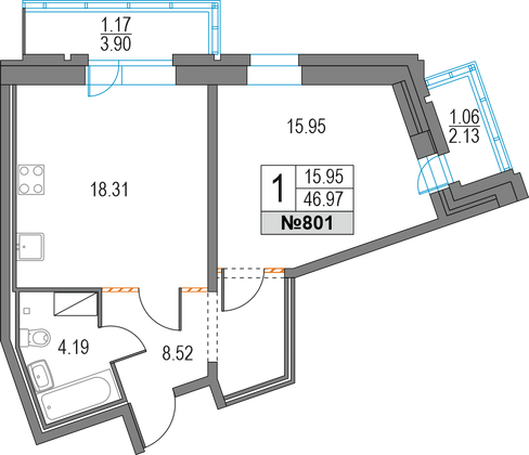 47 м², 1-комн. квартира, 4/25 этаж