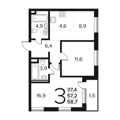 Продажа 3-комнатной квартиры 58,7 м², 2/9 этаж