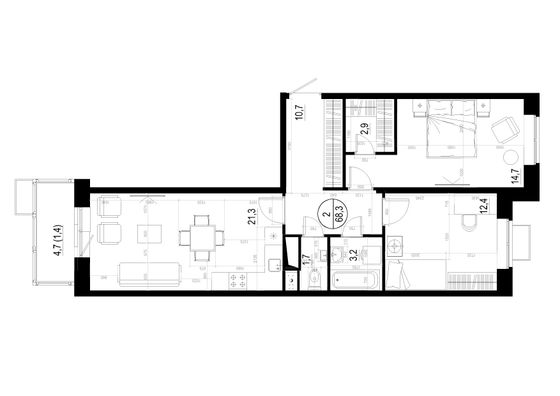 68,3 м², 2-комн. квартира, 17/19 этаж