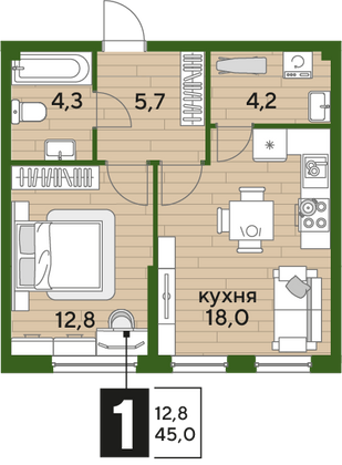 Продажа 1-комнатной квартиры 45 м², 2/16 этаж