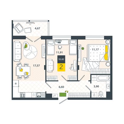 55,8 м², 2-комн. квартира, 6/8 этаж