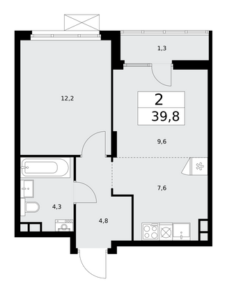 39,8 м², 2-комн. квартира, 10/15 этаж