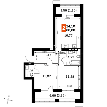 60,7 м², 2-комн. квартира, 3/4 этаж