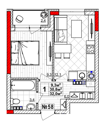 Продажа 1-комнатной квартиры 32 м², 3/4 этаж