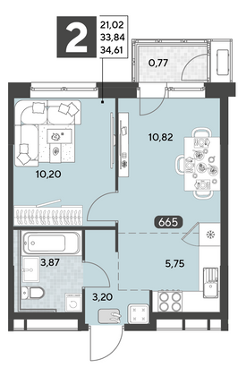 Продажа 2-комнатной квартиры 34,6 м², 9/25 этаж