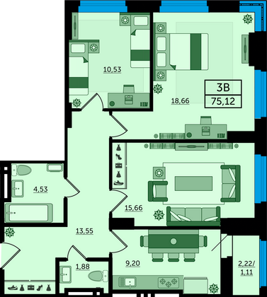 75,1 м², 3-комн. квартира, 21/24 этаж