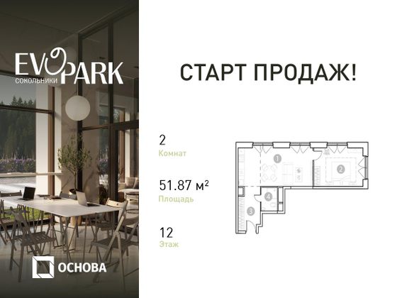 51,9 м², 2-комн. квартира, 12/20 этаж