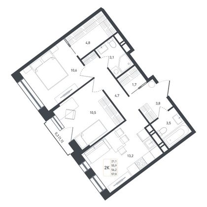 56,2 м², 2-комн. квартира, 8/8 этаж