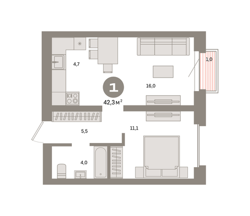 Продажа 1-комнатной квартиры 42,3 м², 10/24 этаж