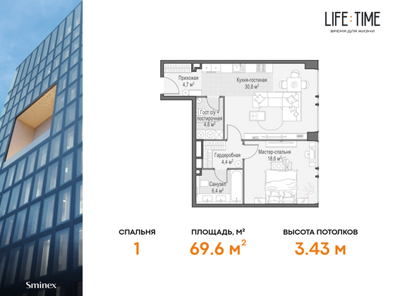 69,6 м², 2-комн. квартира, 4/21 этаж