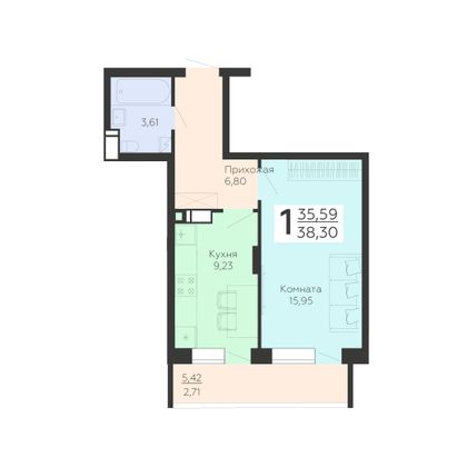 Продажа 1-комнатной квартиры 38,3 м², 2/19 этаж