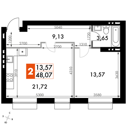 48,1 м², 1-комн. квартира, 3/4 этаж