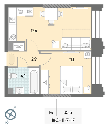 35,5 м², 1-комн. квартира, 17/43 этаж